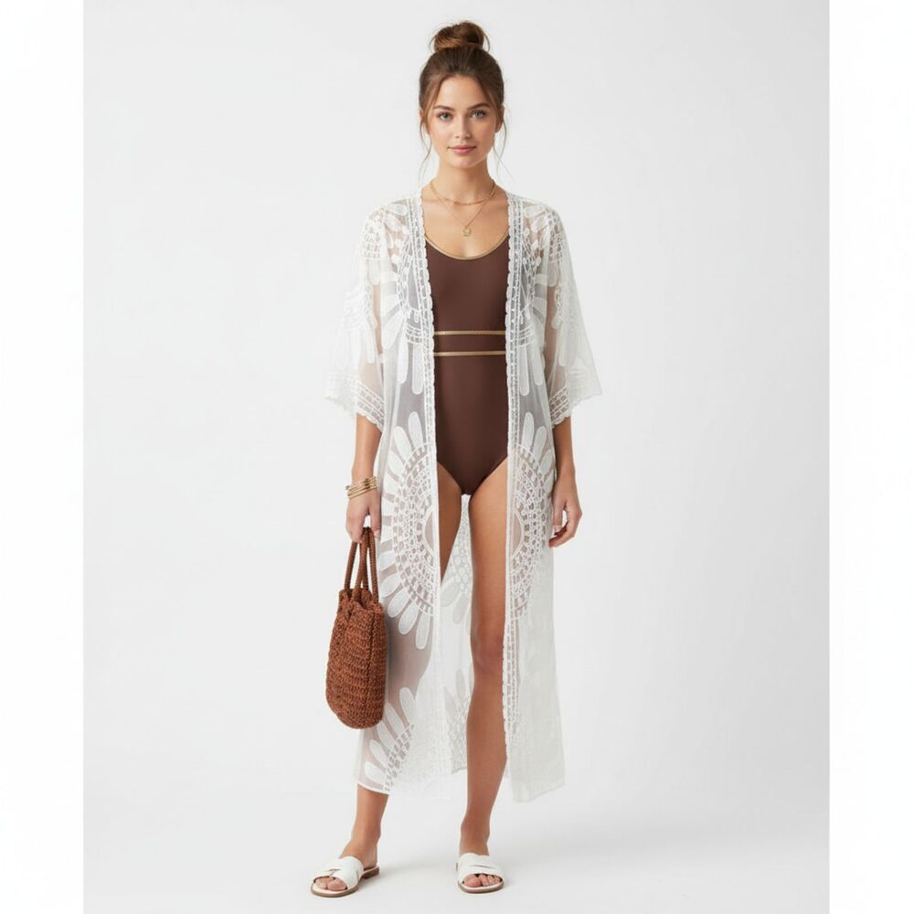 Rebellion White Sheer Crochet Half Sleeve Open Front Swimsuit Cover Up‎ S